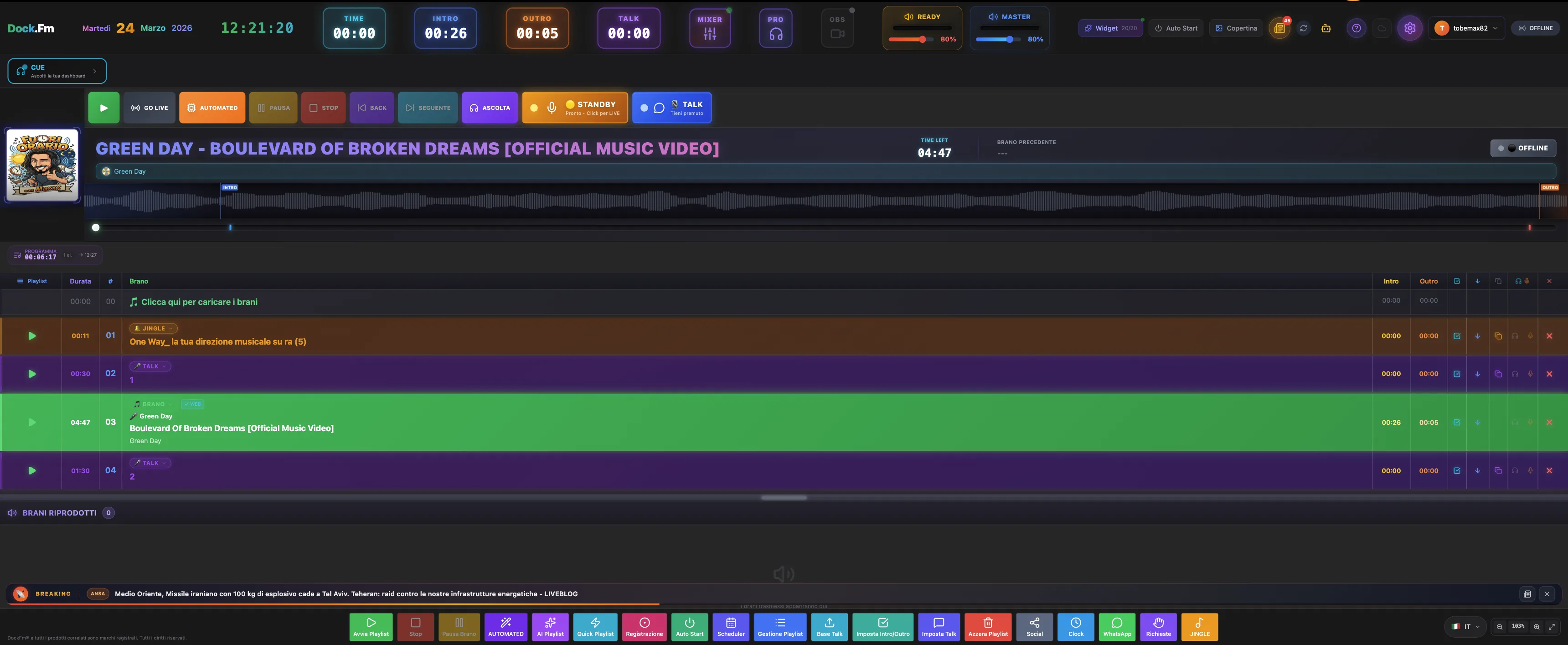 Regia DockFM: comandi di riproduzione, forma d’onda e sequenza di musica, jingle e interventi parlati.
